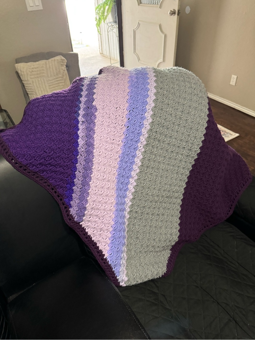 Cozy Striped Crochet Throw Blanket in Purple, Lilac & Gray - Unbranded